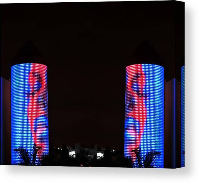 Miami Sobe South Beach Florida Edm Neon Lights Tower Art Deco Girl Woman Sexy Glow Night Life Dance Canvas Print featuring the photograph Seeing Double by Culture Cruxxx