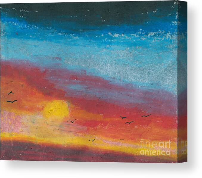 Alone Lonely Lonesome Wall Art Artwork Oil Pastel Painting Kyllo Unreal Dreamscape Dream Sun Sunset Sundown Sky Skyscape Red Orange Yellow Blue Color Colour Bird Birds Flight Flying Remote Otherworldly Outpost Surreal Calm Serene Peace Quiet Beauty Evening Canvas Print featuring the painting Serene by R Kyllo