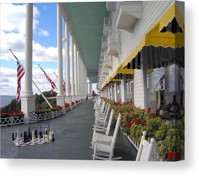 Mackinaw Island Canvas Print featuring the photograph Silent Rockers at The Grand Hotel by Liz Evensen