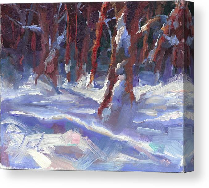 Impressionism Canvas Print featuring the painting Snow Laden - winter snow covered trees by Talya Johnson