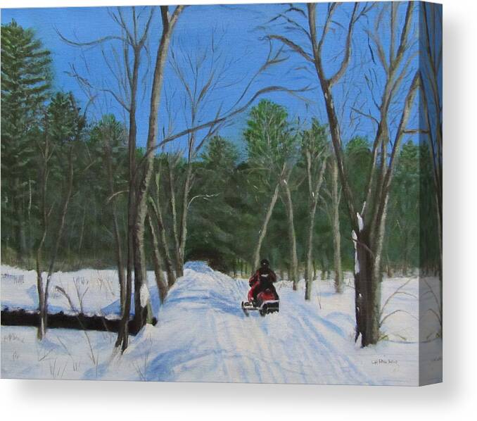 Landscape Canvas Print featuring the painting Snowmobile on Trail by Linda Feinberg