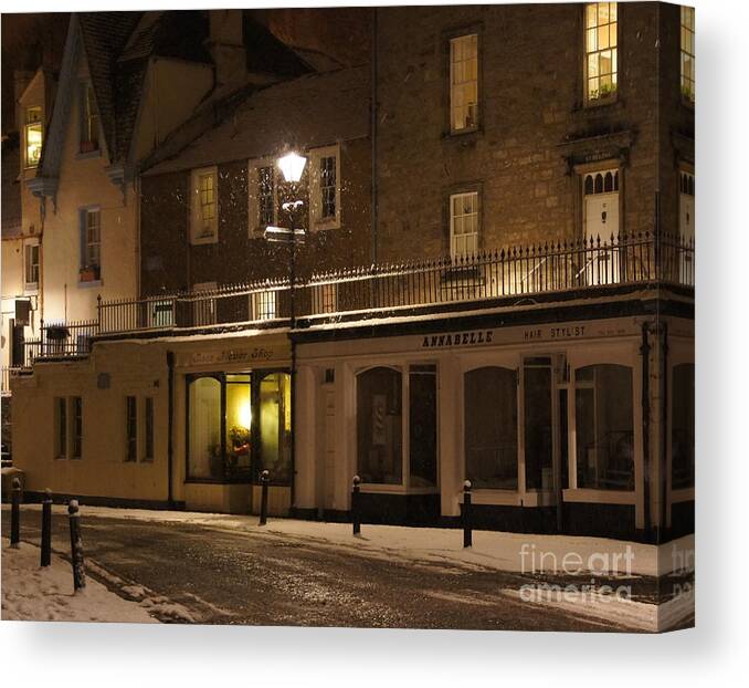 South Queensferry Main Street Canvas Print featuring the photograph Snowy night by Elena Perelman