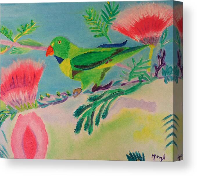 Green- Yellow Jungle Bird Canvas Print featuring the painting Songbird by Meryl Goudey