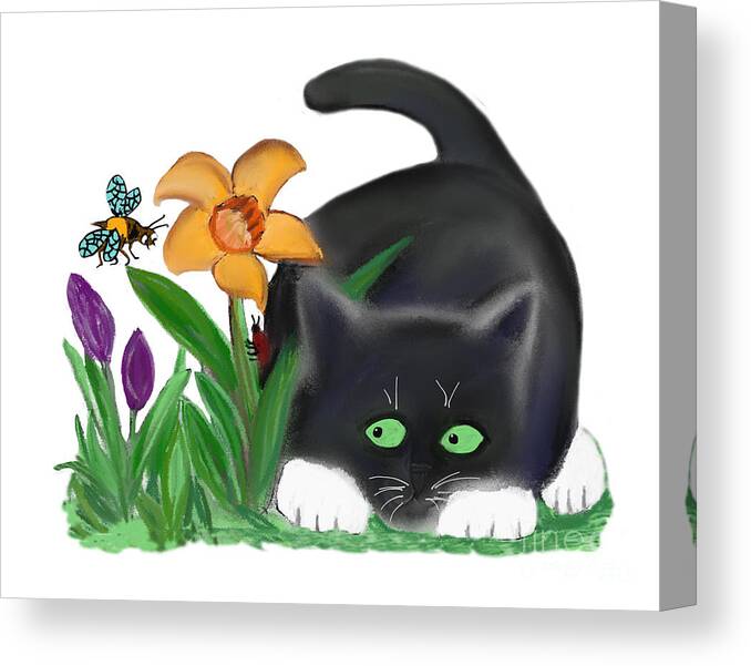 Bee Canvas Print featuring the digital art Spring Flower Garden Entices a Bee and Kitten by Ellen Miffitt