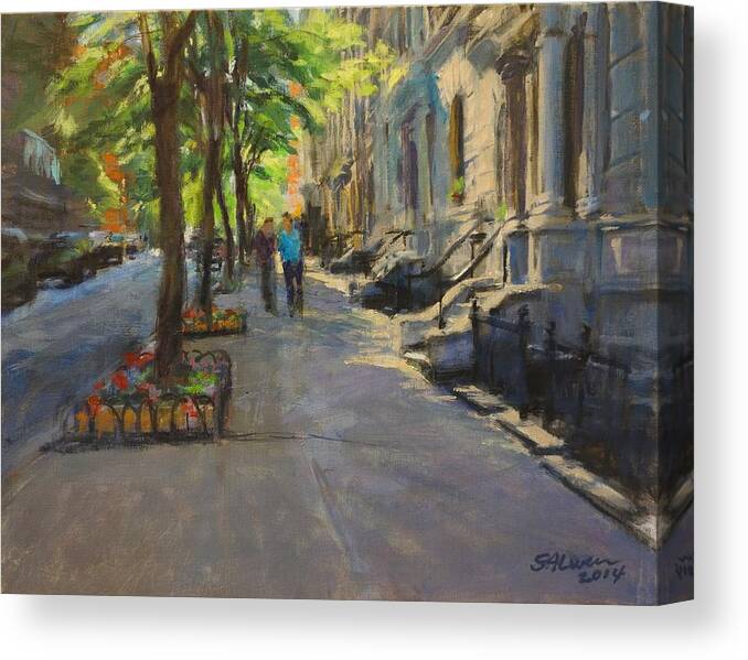 Landscape Canvas Print featuring the painting Spring Morning on West 85th Street by Peter Salwen