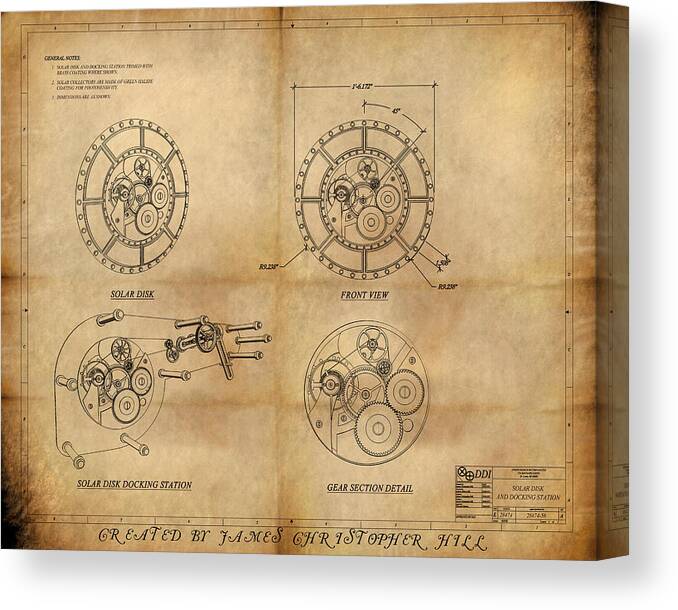 Steampunk; Gears; Housing; Cogs; Machinery; Lathe; Columns; Brass; Copper; Gold; Ratio; Rotation; Elegant; Forge; Industry; Clockwork Canvas Print featuring the painting Steampunk Solar Disk by James Hill