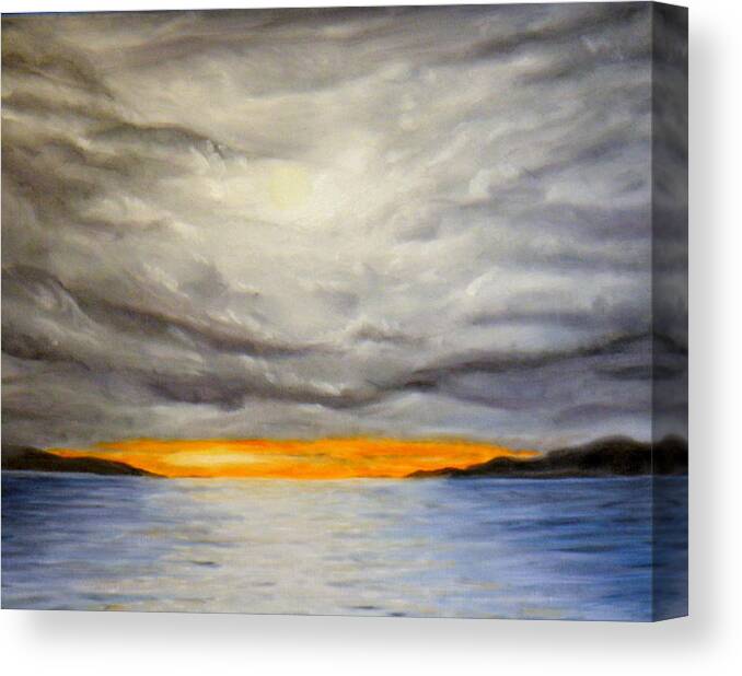 Clouds Storm Grey Blue Violet White Orange Yellow ;ight Reflection Mountains Shadow Water Ocean Sun Canvas Print featuring the painting Storm Cloud Study by Ida Eriksen