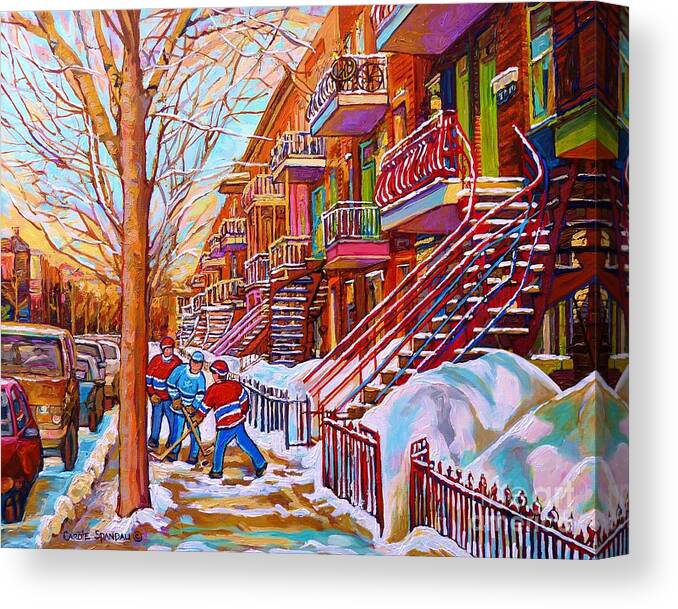 Montreal Canvas Print featuring the painting Street Hockey Game In Montreal Winter Scene With Winding Staircases Painting By Carole Spandau by Carole Spandau