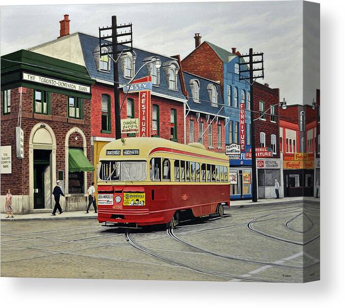 Streetcar Canvas Print featuring the painting Streetcar on Queen Street 1963 by Kenneth M Kirsch