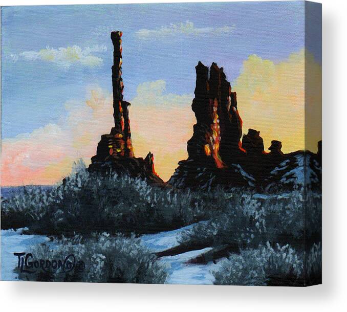 Tim Gordon Canvas Print featuring the painting Sunrise at the Totem Pole Monument Valley by Timithy L Gordon