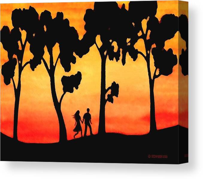 Sunset Canvas Print featuring the painting Sunset Walk by SophiaArt Gallery