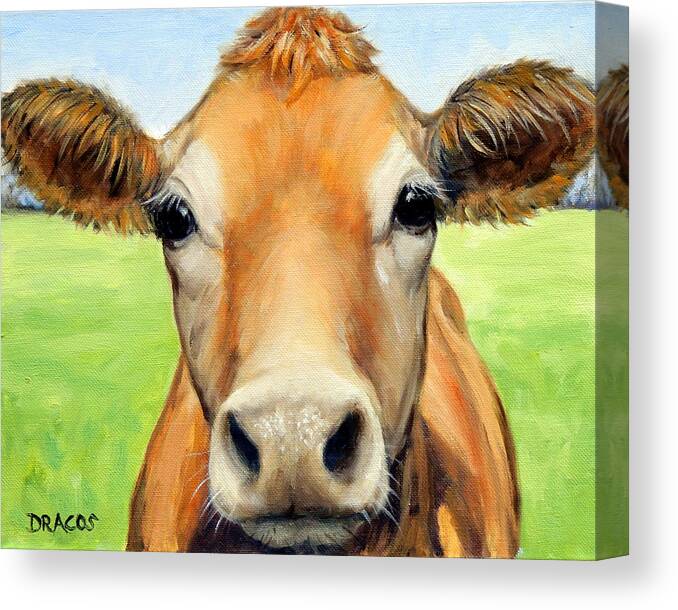 Jersey Cow Canvas Print featuring the painting Sweet Jersey Cow in Green Grass by Dottie Dracos