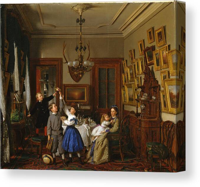 Seymour Joseph Guy Canvas Print featuring the painting The Contest for the Bouquet. The Family of Robert Gordon in Their New York Dining-Room by Seymour Joseph Guy