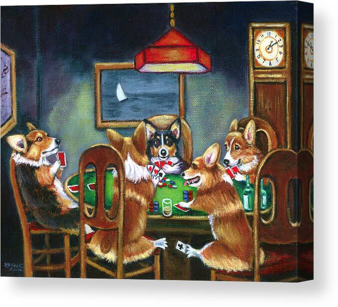 Pembroke Welsh Corgi Canvas Print featuring the painting The Corgi Poker Game by Lyn Cook