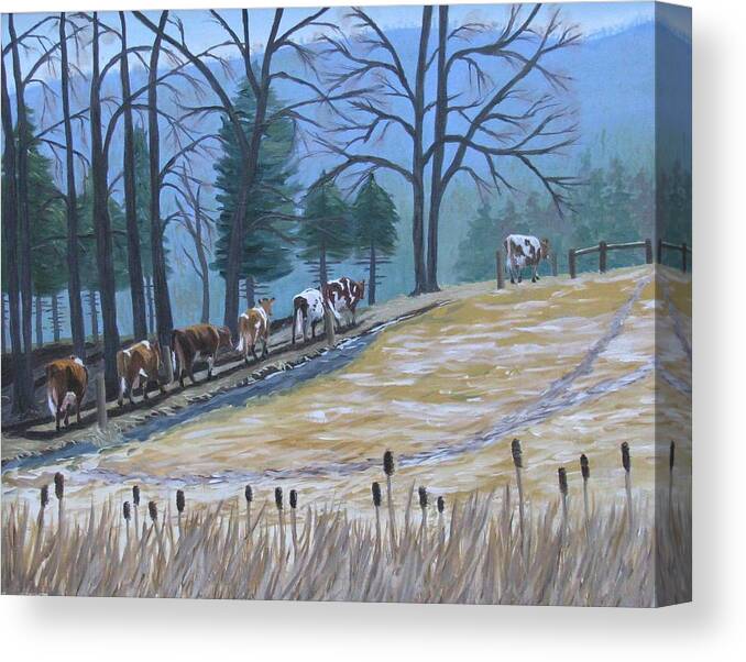 Dairy Cows Heading To Pasture Canvas Print featuring the painting The Cow Parade by Barb Pennypacker