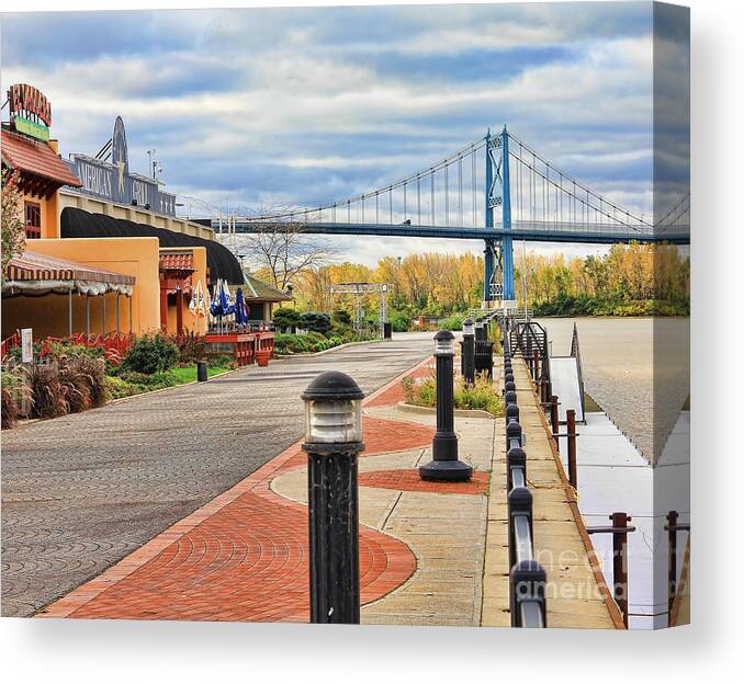 The Docks Canvas Print featuring the photograph The Docks and the Anthony Wayne Bridge by Jack Schultz