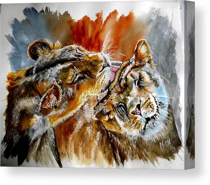 Lions Canvas Print featuring the painting The Kiss by Maris Sherwood