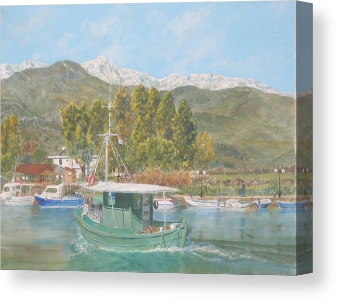 Greece Canvas Print featuring the painting The morning catch returns to Georgioupoli Crete by David Capon