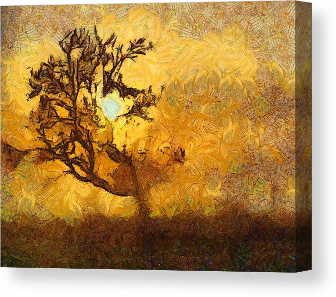 Tree Canvas Print featuring the photograph Tree at sunset - digital painting in van gogh style with warm orange and brown colors by Matthias Hauser