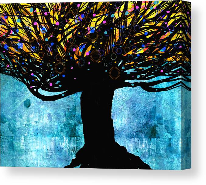 Tree Canvas Print featuring the digital art Tree of Life Blue and Yellow by Ann Powell