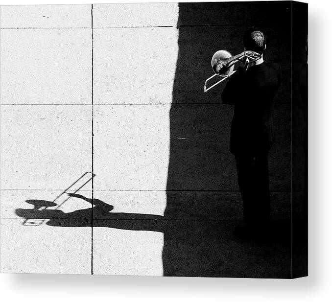 Street Musician Canvas Print featuring the photograph Trombone Player by Jian Wang