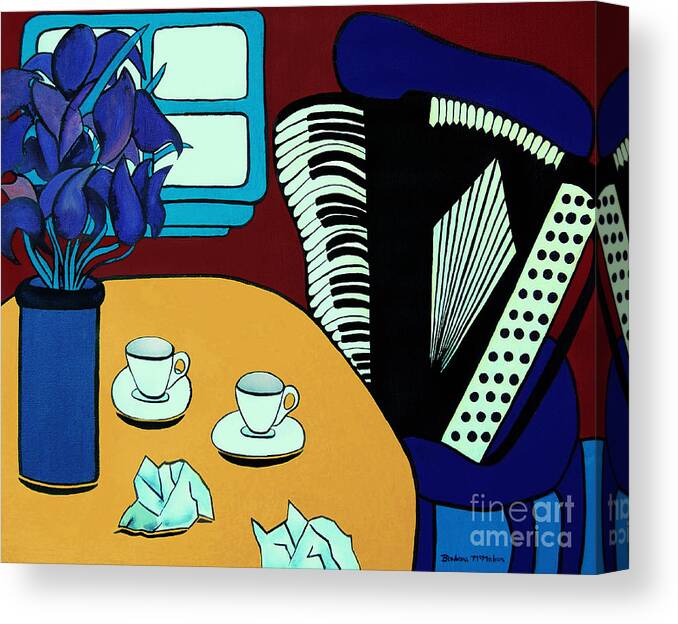 Cafe Canvas Print featuring the painting Two Cups One Accordian by Barbara McMahon