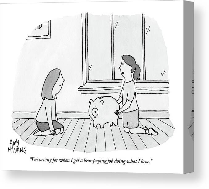 #condenastnewyorkercartoon Canvas Print featuring the drawing Two Girls Discuss Savings With A Piggy Bank by Amy Hwang