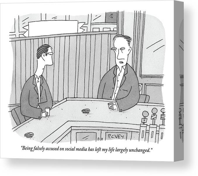 #condenastnewyorkercartoon Canvas Print featuring the drawing Two Guys At A Bar Are Talking by Peter C. Vey