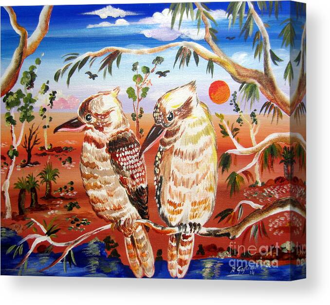 Kookaburras Canvas Print featuring the painting Two Laughing Kookaburras in the Outback Australia by Roberto Gagliardi