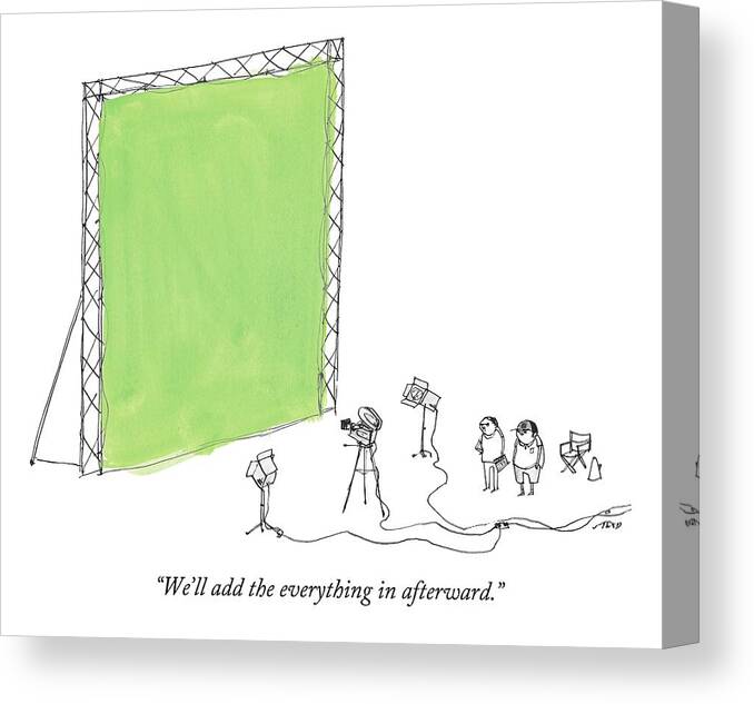 Film Canvas Print featuring the drawing Two Men Point A Film Camera At A Green Screen by Edward Steed