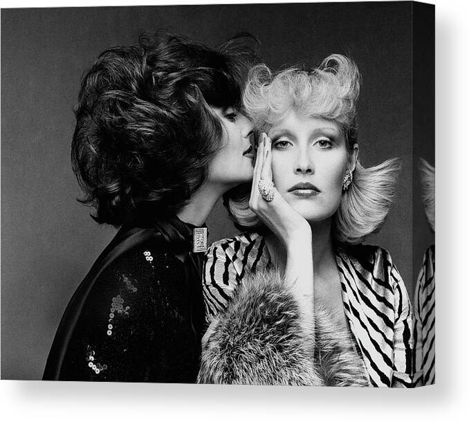 Accessories Canvas Print featuring the photograph Two Models Wearing Wigs By Edith Imre by Francesco Scavullo