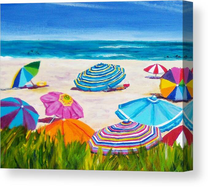 Beach Umbrellas Canvas Print featuring the painting Umbrellas 1 by Anne Marie Brown