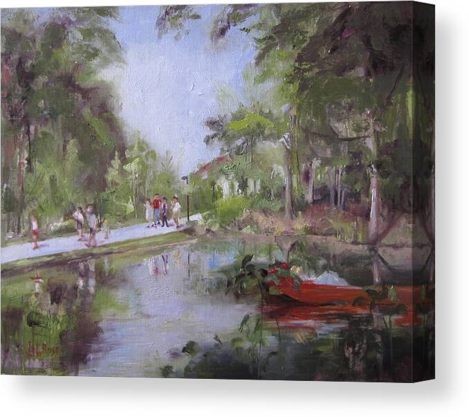 Crystal Bridges Museum Canvas Print featuring the painting Under the Willows in the Crystal Bridges Pond by Vicki Ross