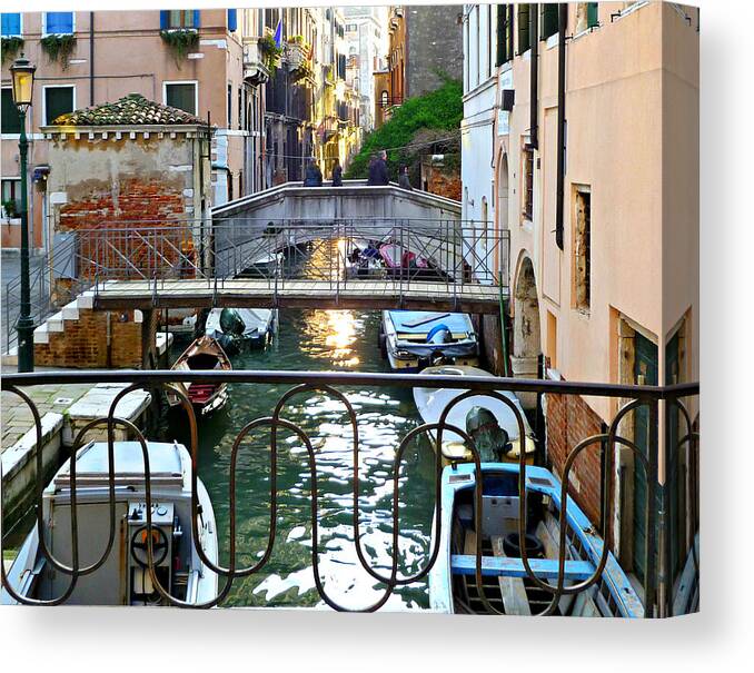 Waterway Canvas Print featuring the photograph Venice Canal Boats by KATIE Vigil