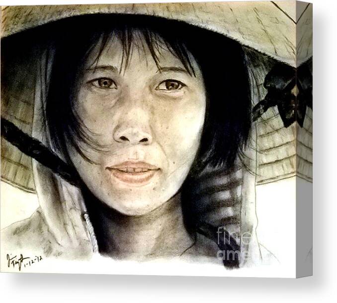 Conical Canvas Print featuring the pastel Vietnamese Woman wearing a Conical Hat by Jim Fitzpatrick