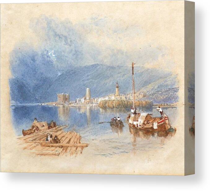 Myles Birket Foster Rws (18251899) View On The Lake Of Thun Canvas Print featuring the painting View On The Lake Of Thun Switzerland by MotionAge Designs
