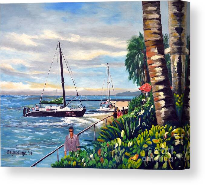 Boats Canvas Print featuring the painting Waikiki Beach by Larry Geyrozaga