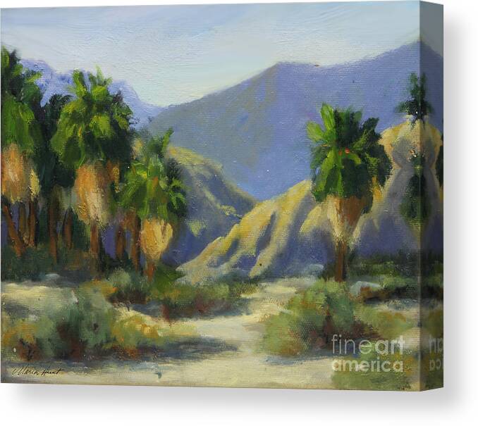 Desert Scene Canvas Print featuring the painting California Palms in the Preserve by Maria Hunt