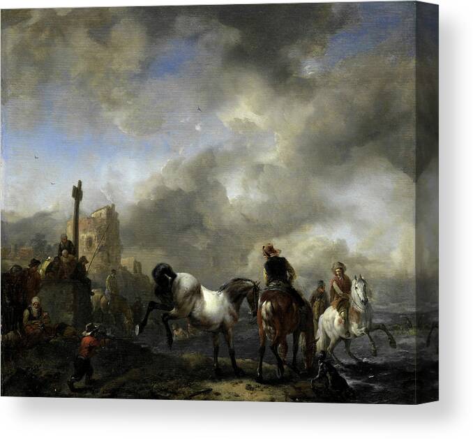 Watering Canvas Print featuring the drawing Watering Horses Near A Boundary Marker, Philips Wouwerman by Litz Collection