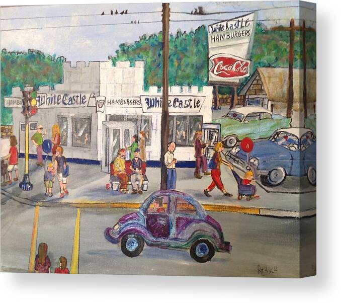 A Commission For A Retired Person Who Had Worked There Since1966 - Wow. That's Where He Met His Wife. Those Were Their Cars The Green And Blue One And The Rest Is History. The Three Birds Symbolizes Him Canvas Print featuring the painting White castle on lake 1967 by Richard Hubal