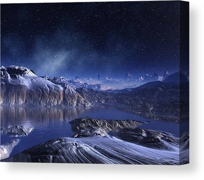 Lake Canvas Print featuring the digital art Winter Lake Snowy Night by Judi Suni Hall