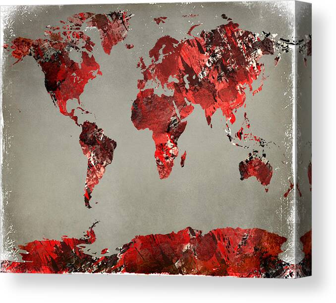 Popular Canvas Print featuring the digital art World Map - watercolor red-black-gray by Paulette B Wright