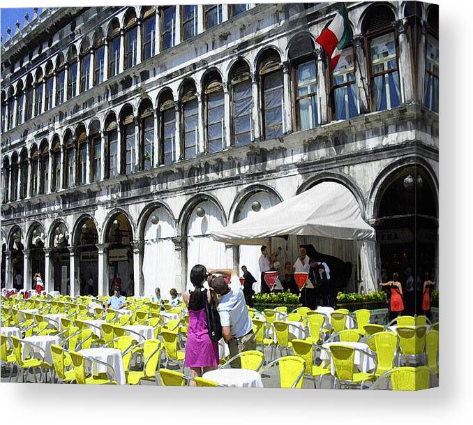 Restaurant Canvas Print featuring the photograph Yellow Chairs in Piazza San Marco by Jodie Marie Anne Richardson Traugott     aka jm-ART