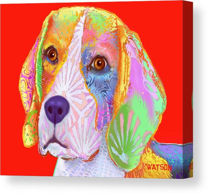 Red Background Canvas Print featuring the digital art Young Beagle by Marlene Watson