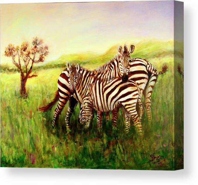 Zebra Canvas Print featuring the painting Zebras at Ngorongoro Crater by Sher Nasser