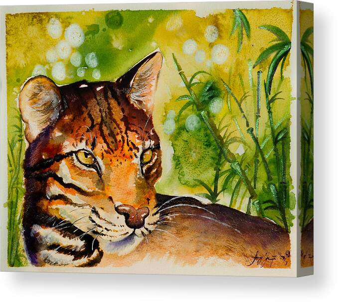 Cat Cats Feline Felines Kitten Kittens Asian Asia Oriental Chinese Thai Indian Sumatra Sumatran Sri Lanka Borneo Forest Forests Rain Forest Jungle Jungles Leaves Leaf Plant Tree Mountains Wildlife Nature Natural Color Magnificent Animal Animals Bamboo Canvas Print featuring the painting Asian Golden Cat by Sydney G