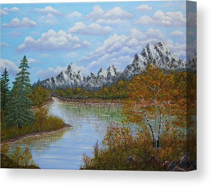 Mountain Landscape Canvas Print featuring the painting Autumn Mountains Lake Landscape by Georgeta Blanaru