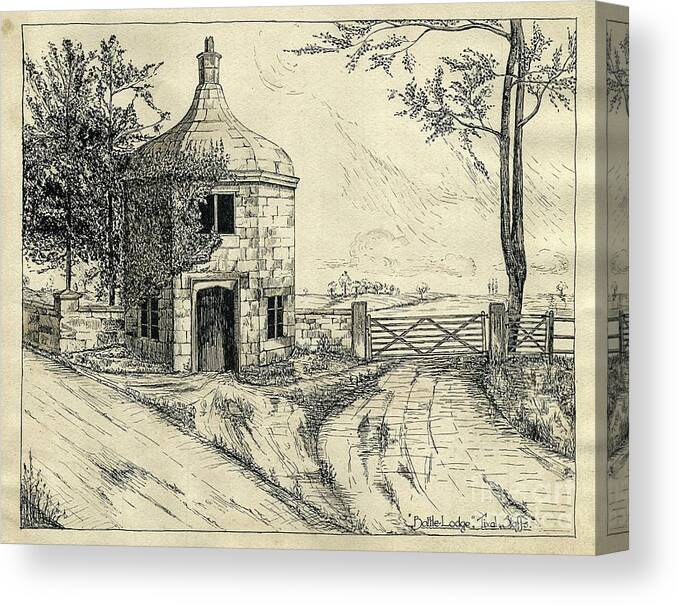 Building Canvas Print featuring the drawing Bottle Lodge Pen Sketch 1932 by John Chatterley