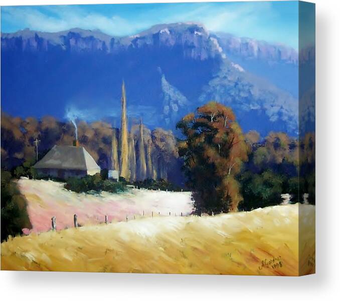 Landscape Trees Cottage Mountains Australia Country Rural Yellow Blue Farm Pasture Acrylic Canvas Print featuring the painting Cottage under escarpment by Anne Gardner