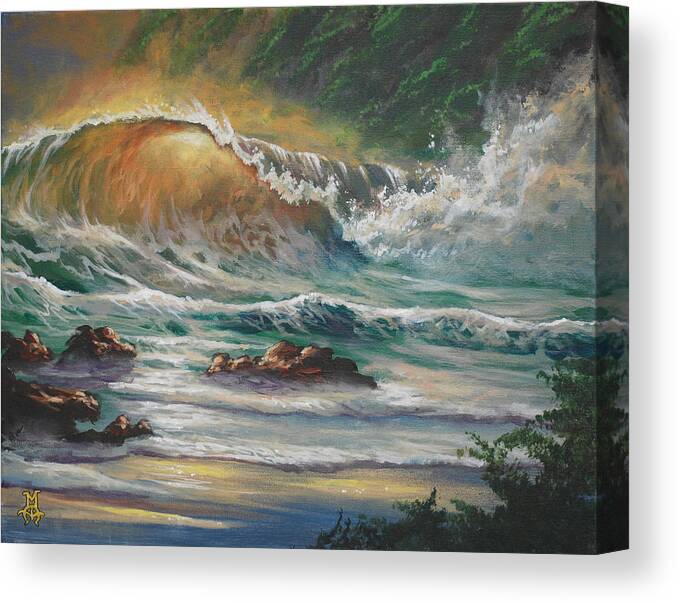Wave Canvas Print featuring the painting Dance of Sea and Sun by Marco Aguilar